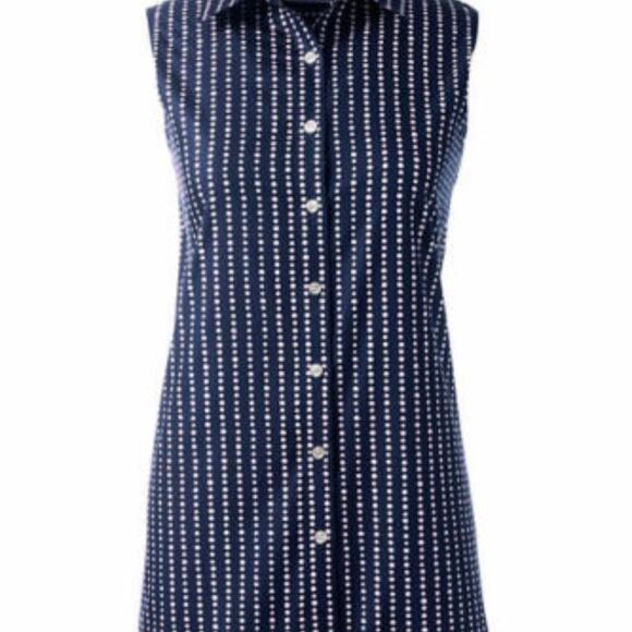 LANDS’ END Navy & Pink Polka Dot Supima Cotton Sleeveless Shirt, 2 / S - Picture 3 of 10